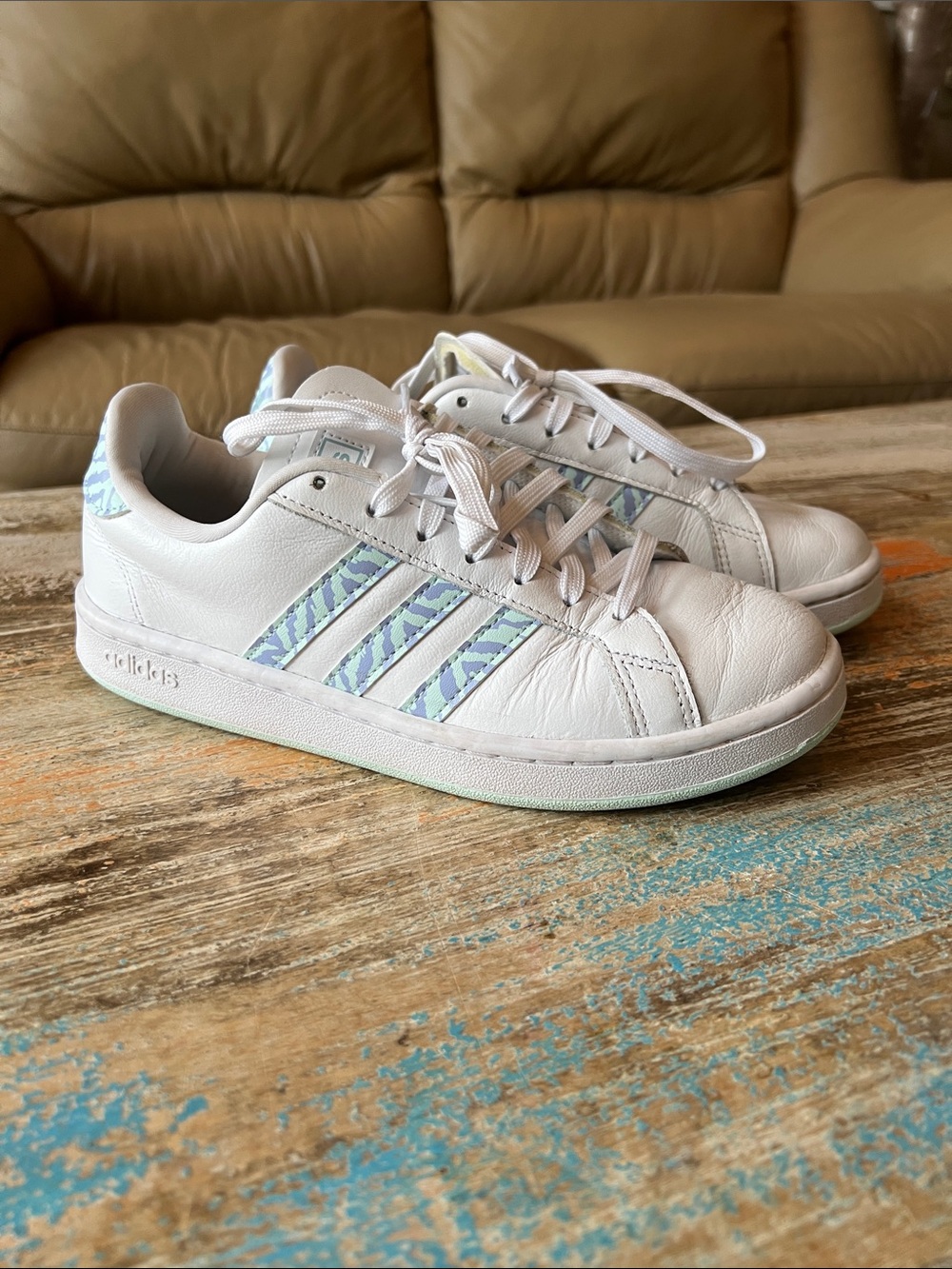 Adidas Grand Court Zebra Print Striped White Sneakers Size 7